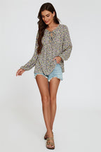 Floral Print long sleeve Blouse Top In Purple