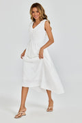 Shirred Midi Dress with Sleeveless V-Neck In White