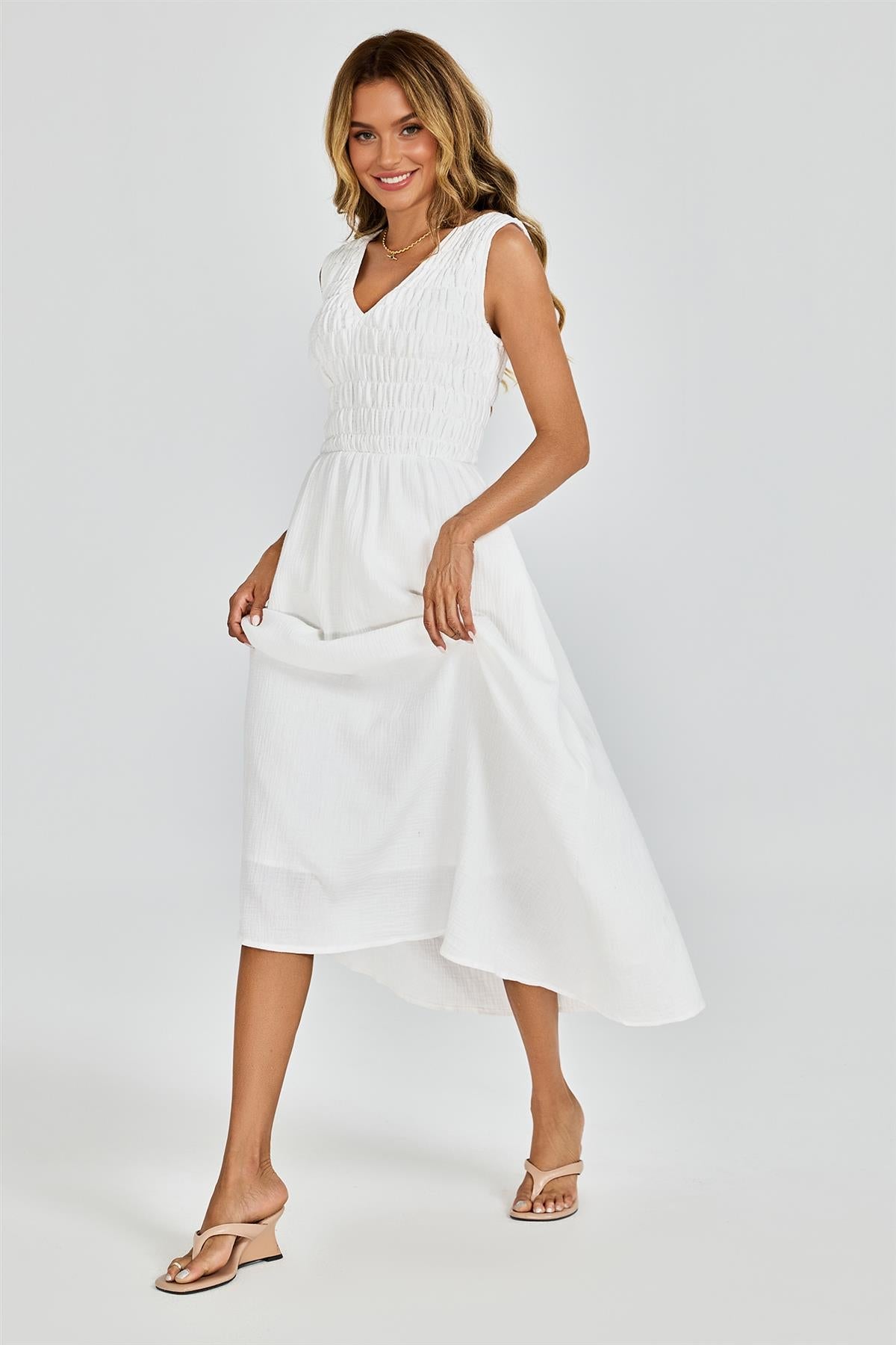Shirred Midi Dress with Sleeveless V-Neck In White