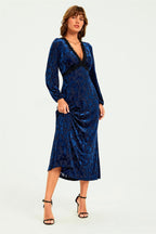 Floral Velvet Devore Lace Trim Neckline Midi Dress In Navy