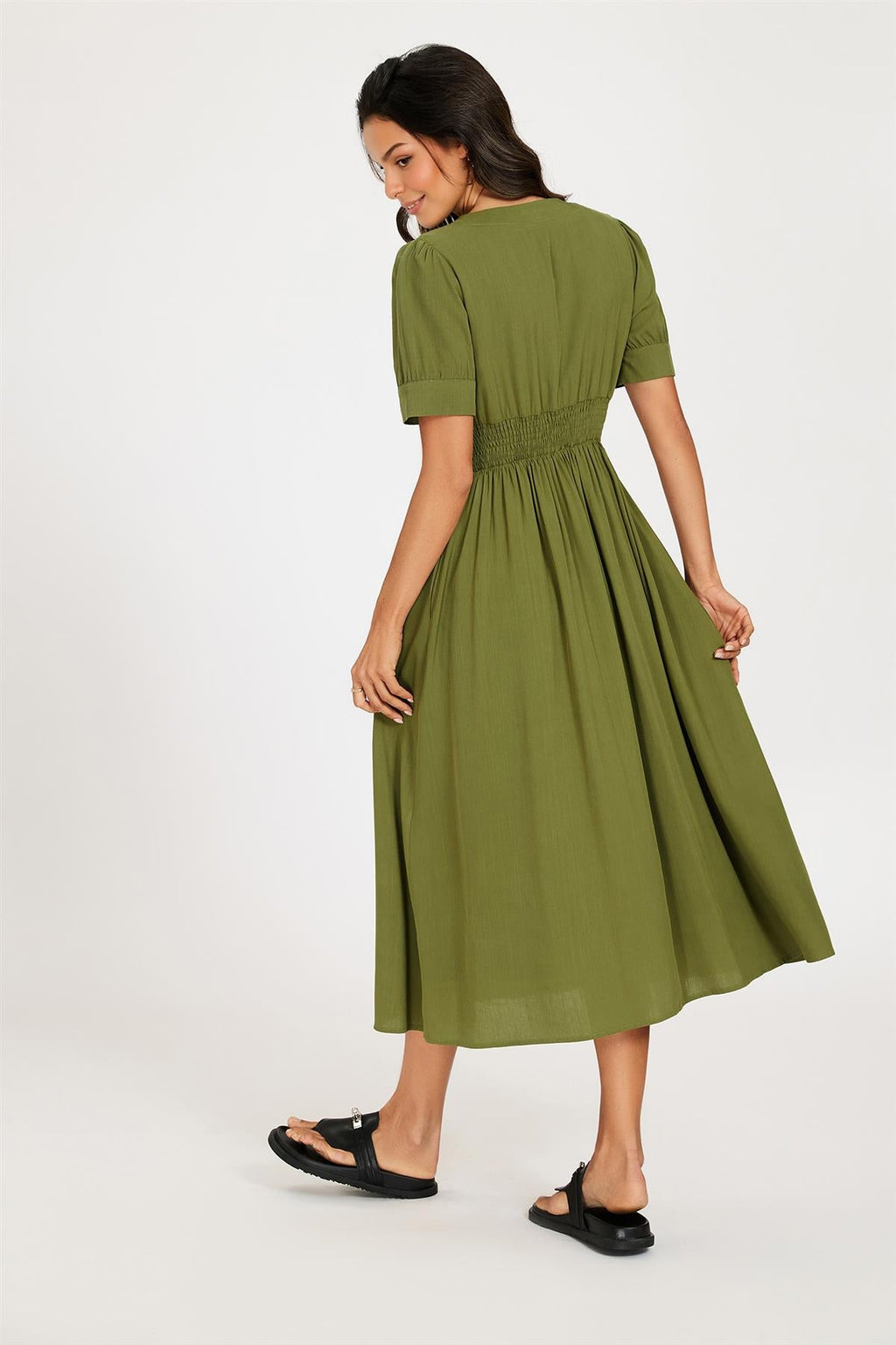 Button Front Short Sleeve Midi Dress In Khaki Green