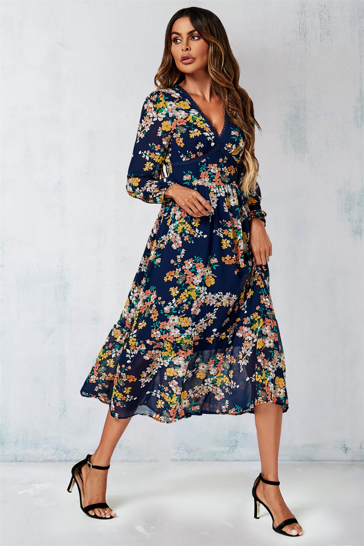 Robe longue à manches longues imprimé floral bleu marine