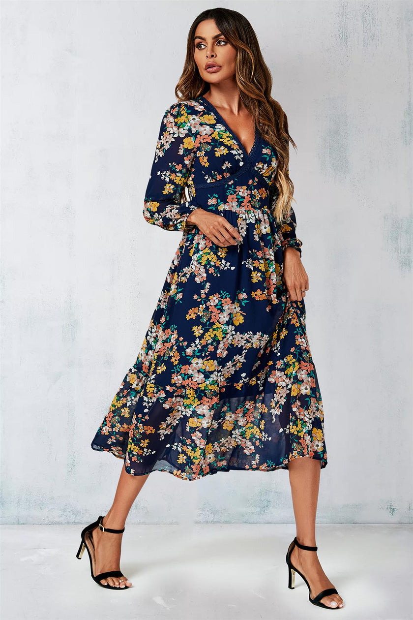 Robe longue à manches longues imprimé floral bleu marine