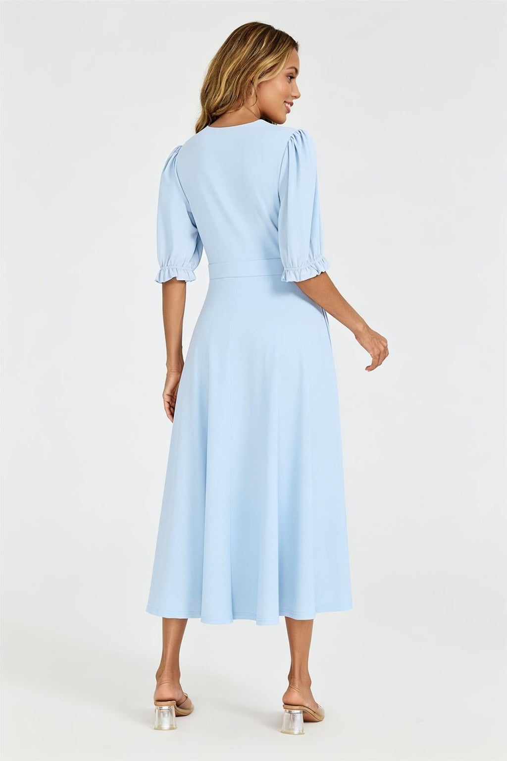 Half Sleeves Jersey Midi Dress with Wrap Neckline In Pale Blue
