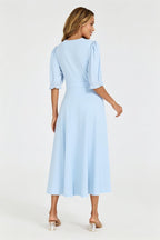 Half Sleeves Jersey Midi Dress with Wrap Neckline In Pale Blue