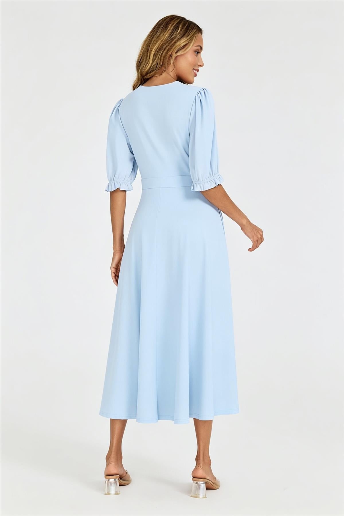 Half Sleeves Jersey Midi Dress with Wrap Neckline In Pale Blue