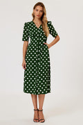 Polka Dot Print Button Front Midi Dress In Green