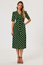 Polka Dot Print Button Front Midi Dress In Green