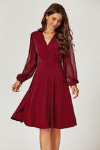 Long Sleeve Pleated Detail Midi Dress In Dark Red