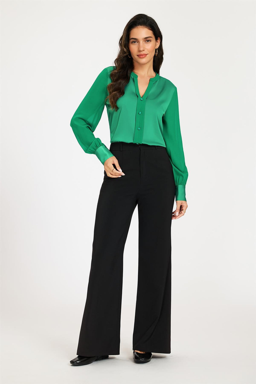 Long Sheer Sleeve Satin Notch Neck Blouse Top In Green