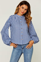 Gingham Print Band Collar Blouse Top In Blue
