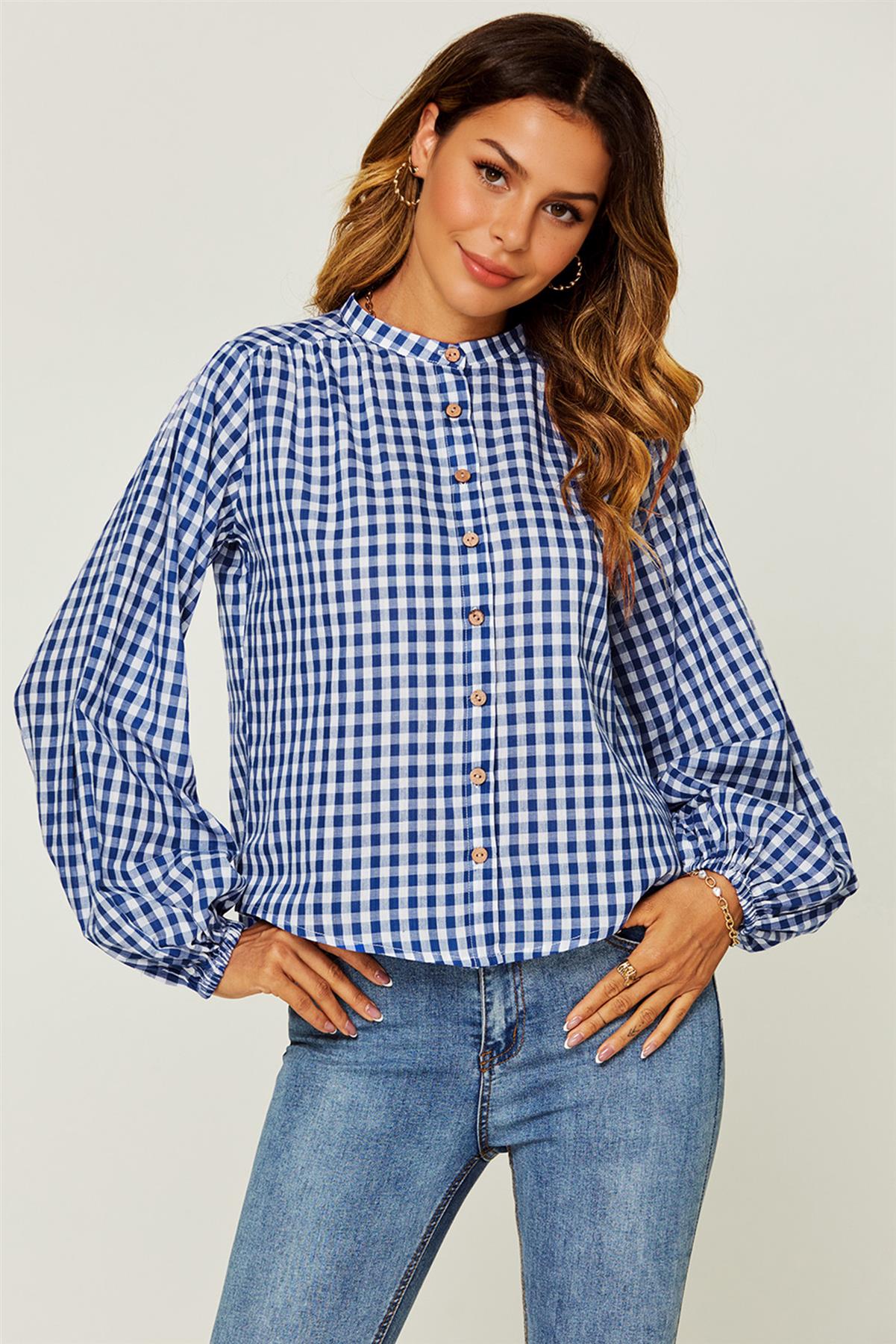 Gingham Print Band Collar Blouse Top In Blue