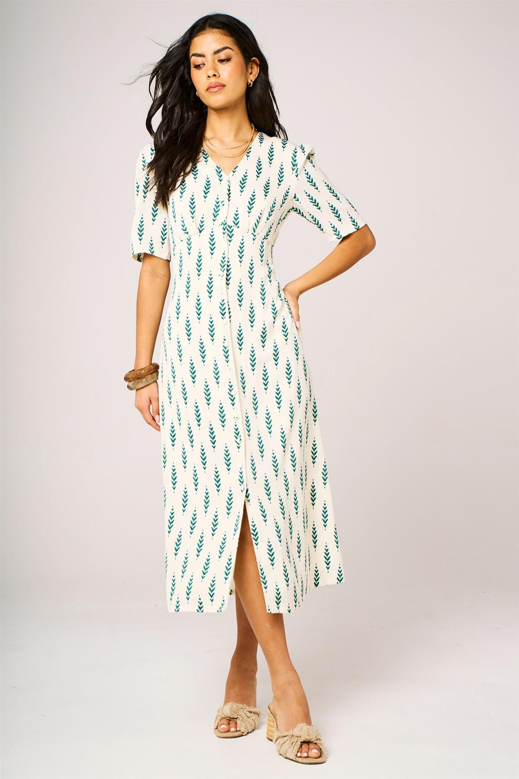Green Leaf Print Button Front Midi Dress In White