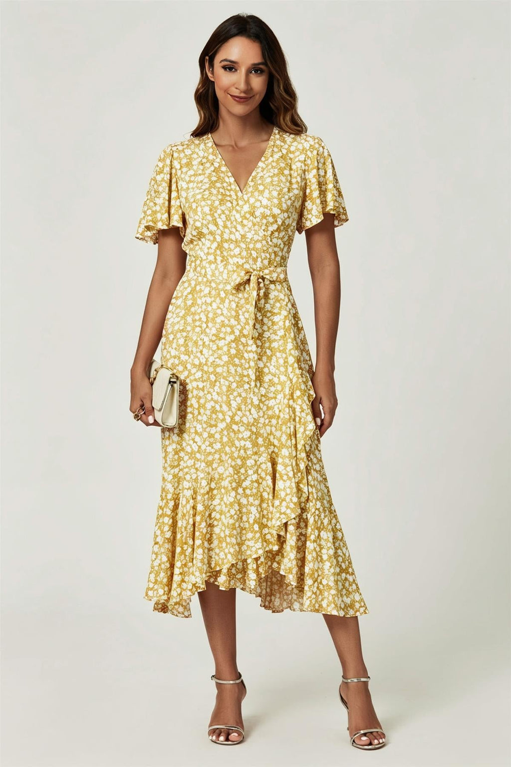 Floral Print Midi Wrap Dress In Yellow