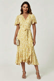 Floral Print Midi Wrap Dress In Yellow