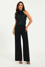 Gold Foil Halter Neck Tie Back Top In Black