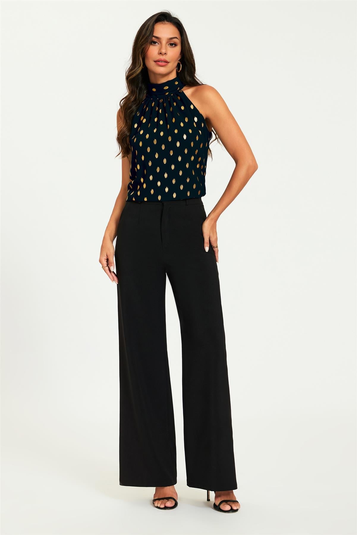 Gold Foil Halter Neck Tie Back Top In Black