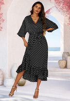 Polka Dot Print Wrap Top Kimono Sleeve Maxi Dress In Black