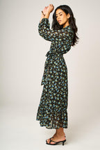 Floral Print Hem Detail Shirt Midi Dress With Tie Waist In Black