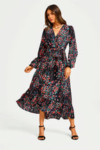Abstract Floral Print Long Sleeve V Neck Wrap Top Midi Dress In Black