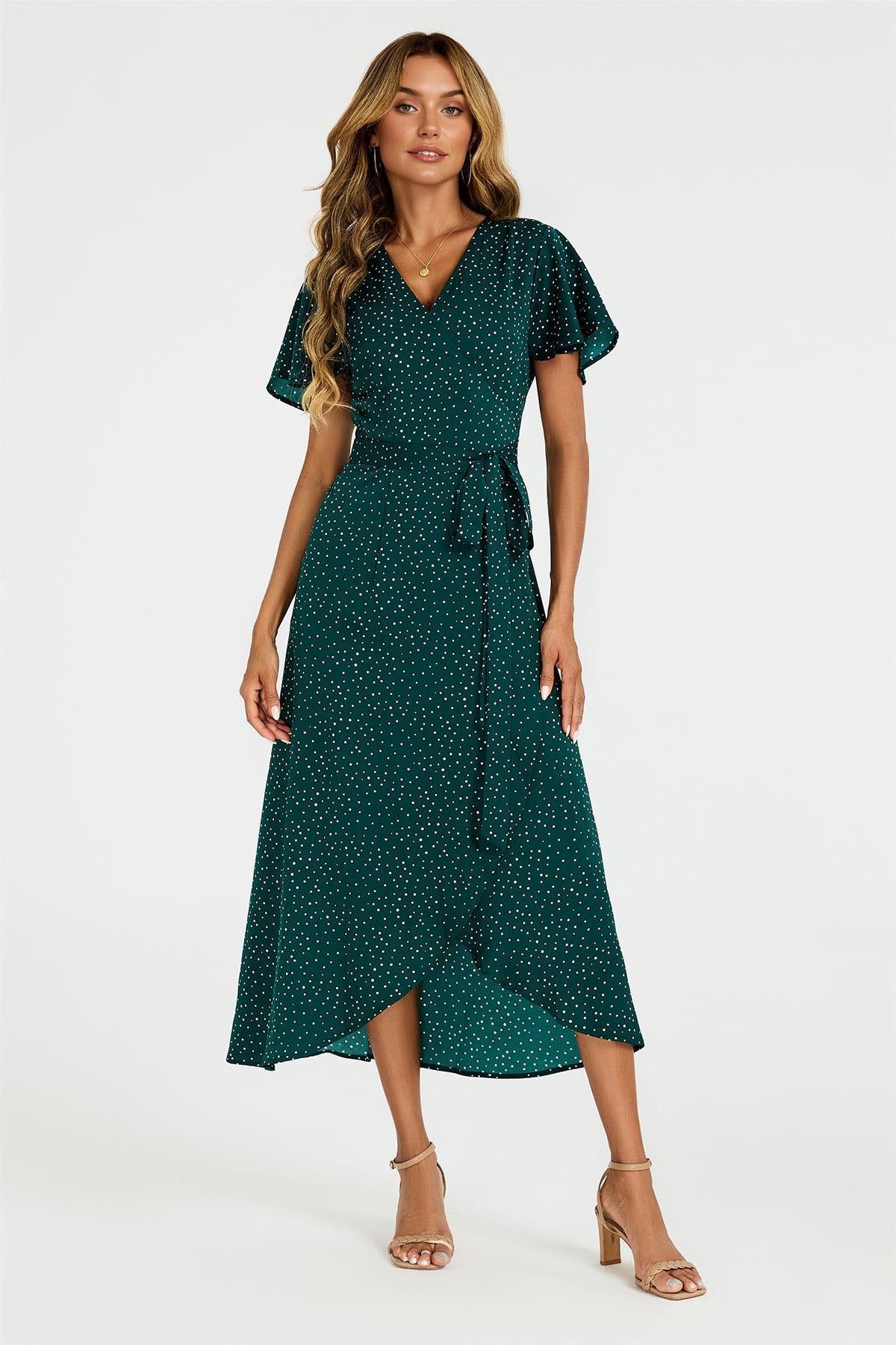 Polka Dot Print Wrap Dress In Green