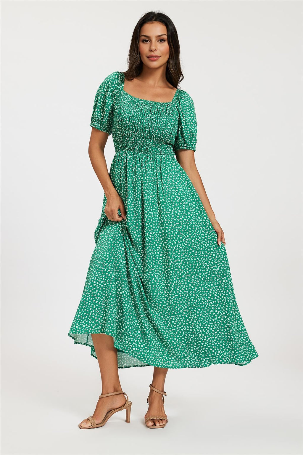 Floral Print Short Sleeve Midi Dress In Green