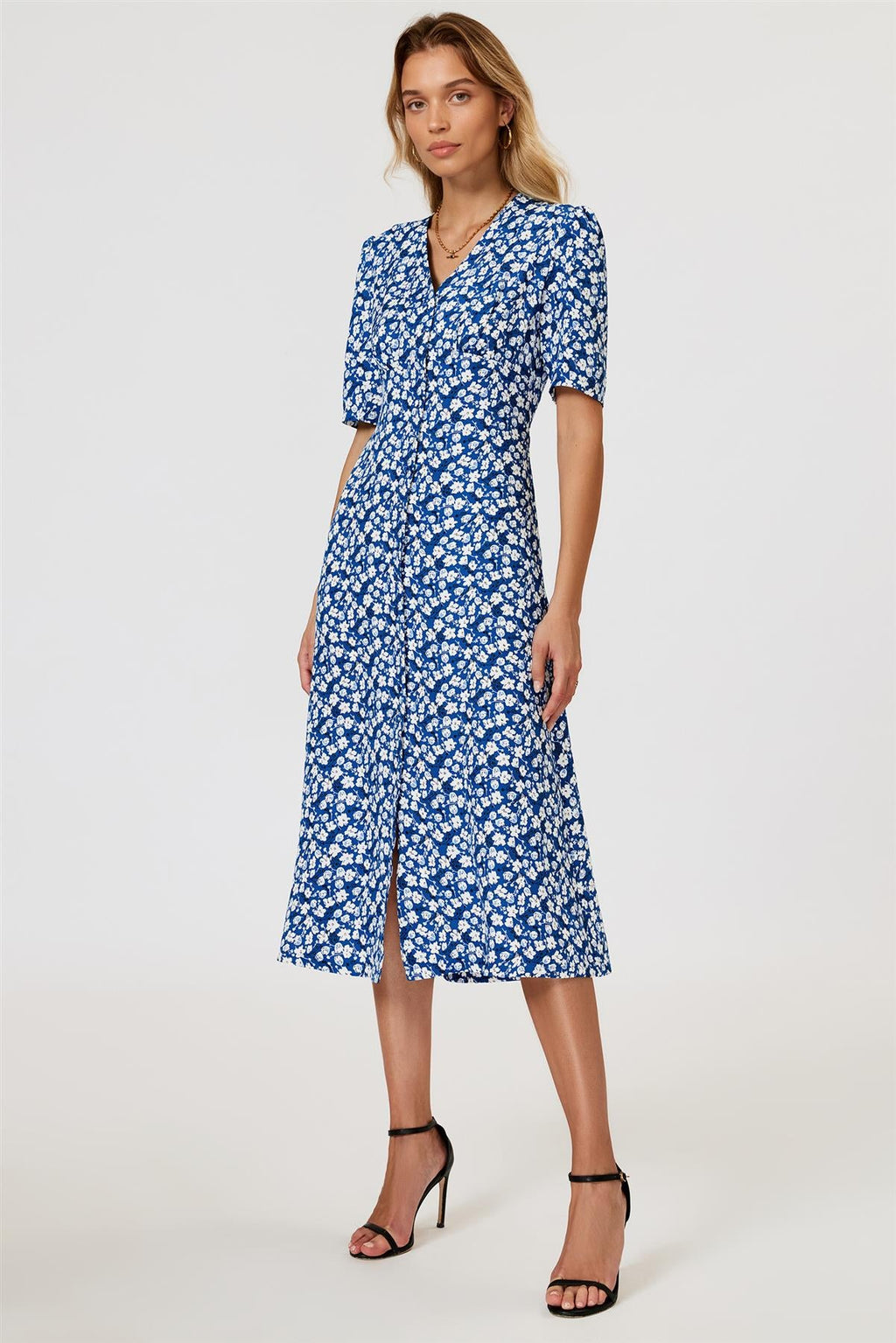 Floral Print Button Front Midi Dress In Blue