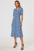 Floral Print Button Front Midi Dress In Blue
