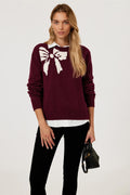 Bowknot Pattern On Shoulder Knit Jumper Top In Wine