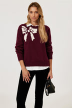 Bowknot Pattern On Shoulder Knit Jumper Top In Wine