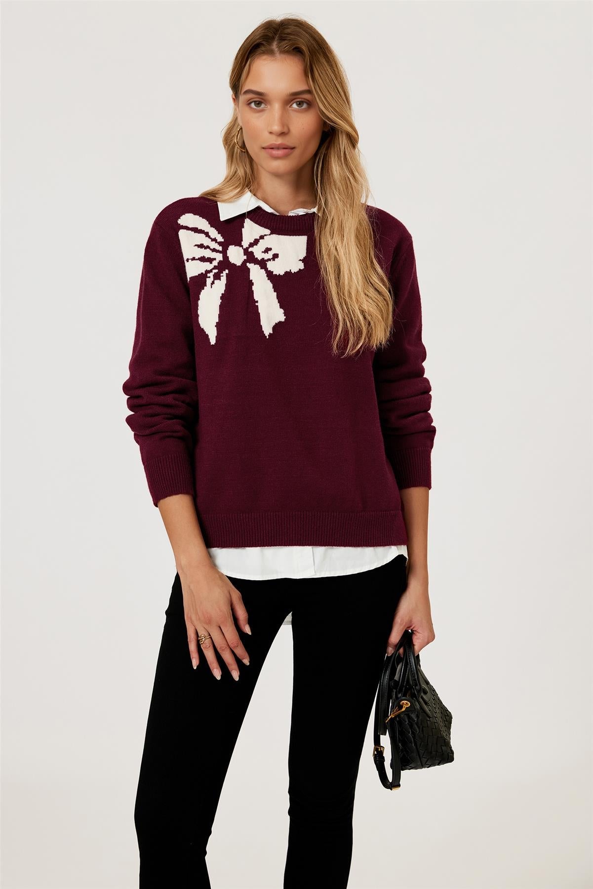 Bowknot Pattern On Shoulder Knit Jumper Top In Wine