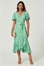 Floral Print Midi Wrap Dress In Light Green