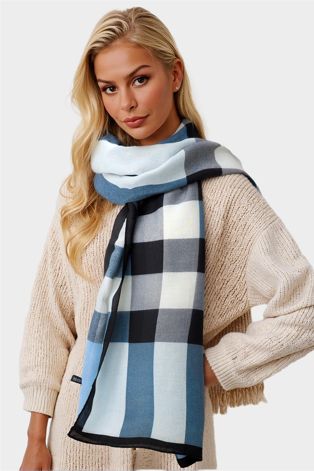 Check Print Scarf In Black & Blue