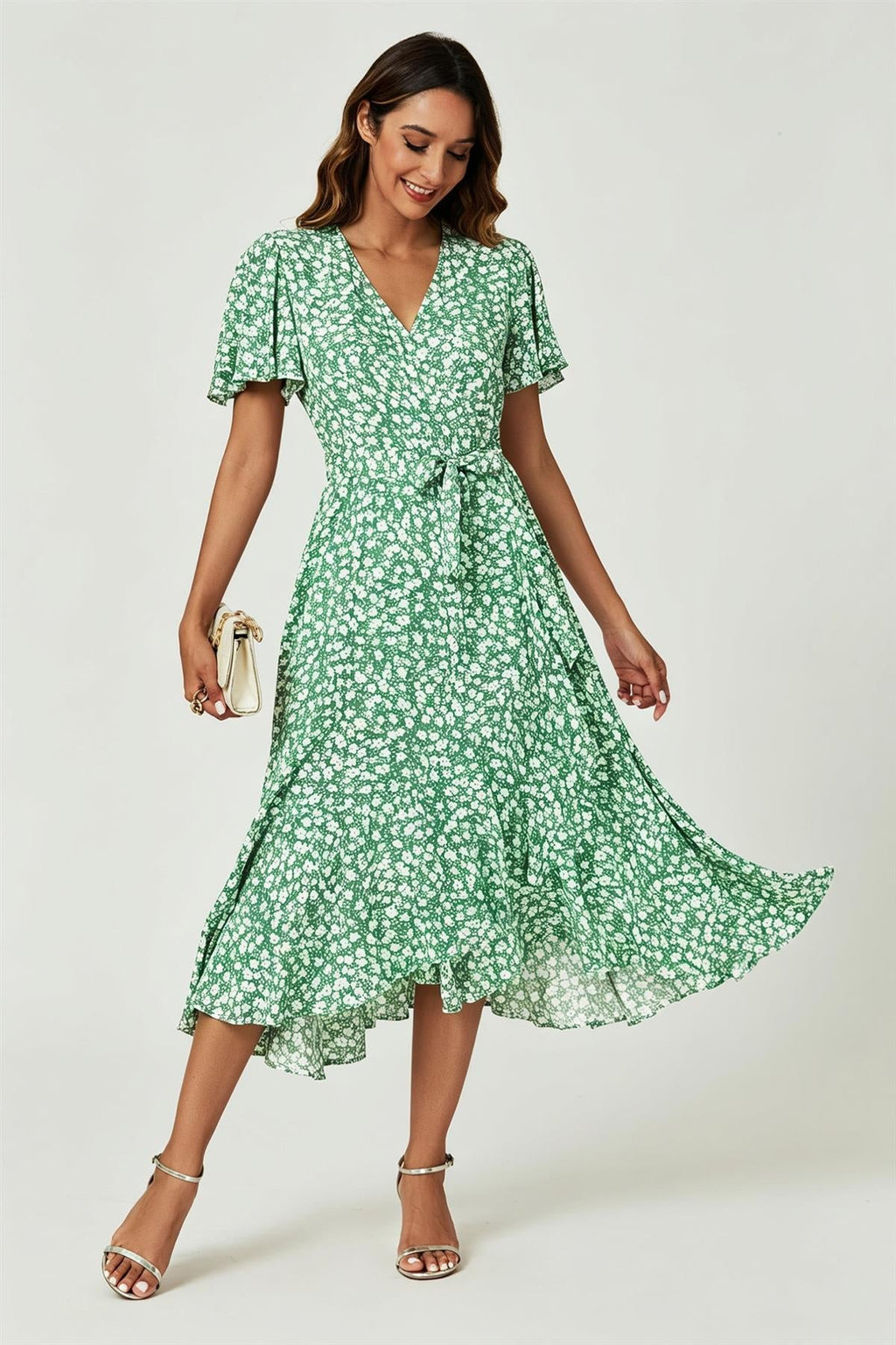 Floral Print Midi Wrap Dress In Light Green