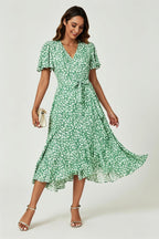 Floral Print Midi Wrap Dress In Light Green