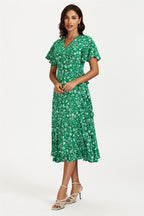 Floral Print Midi Wrap Dress In Green