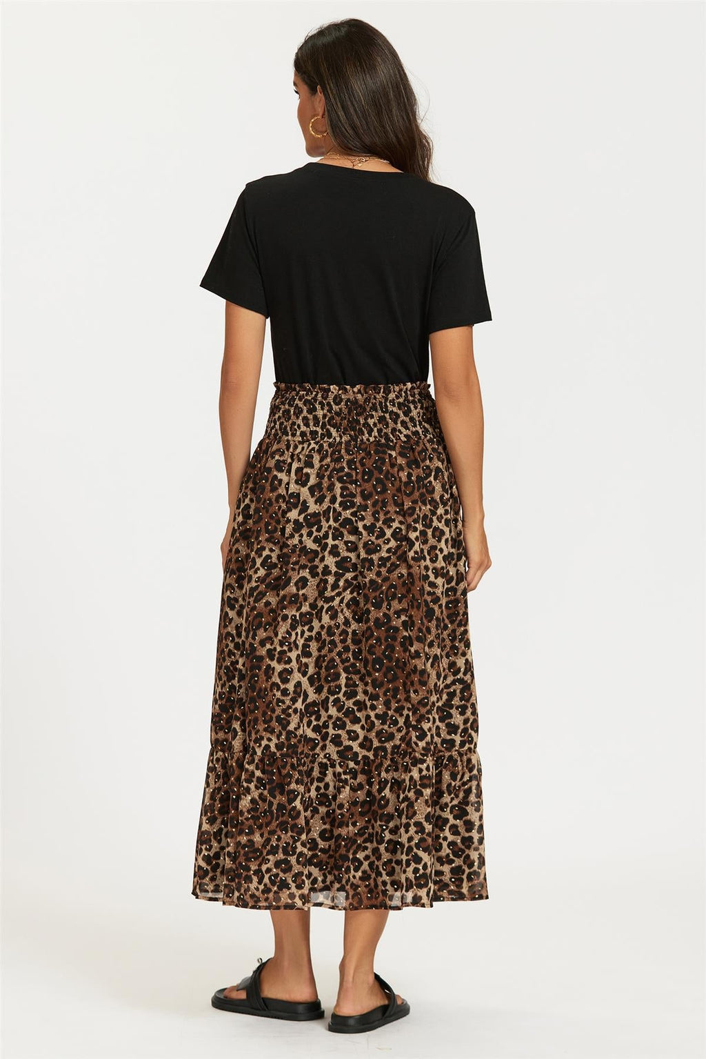 Gold Foil Leopard Print Midi Skirt In Brown