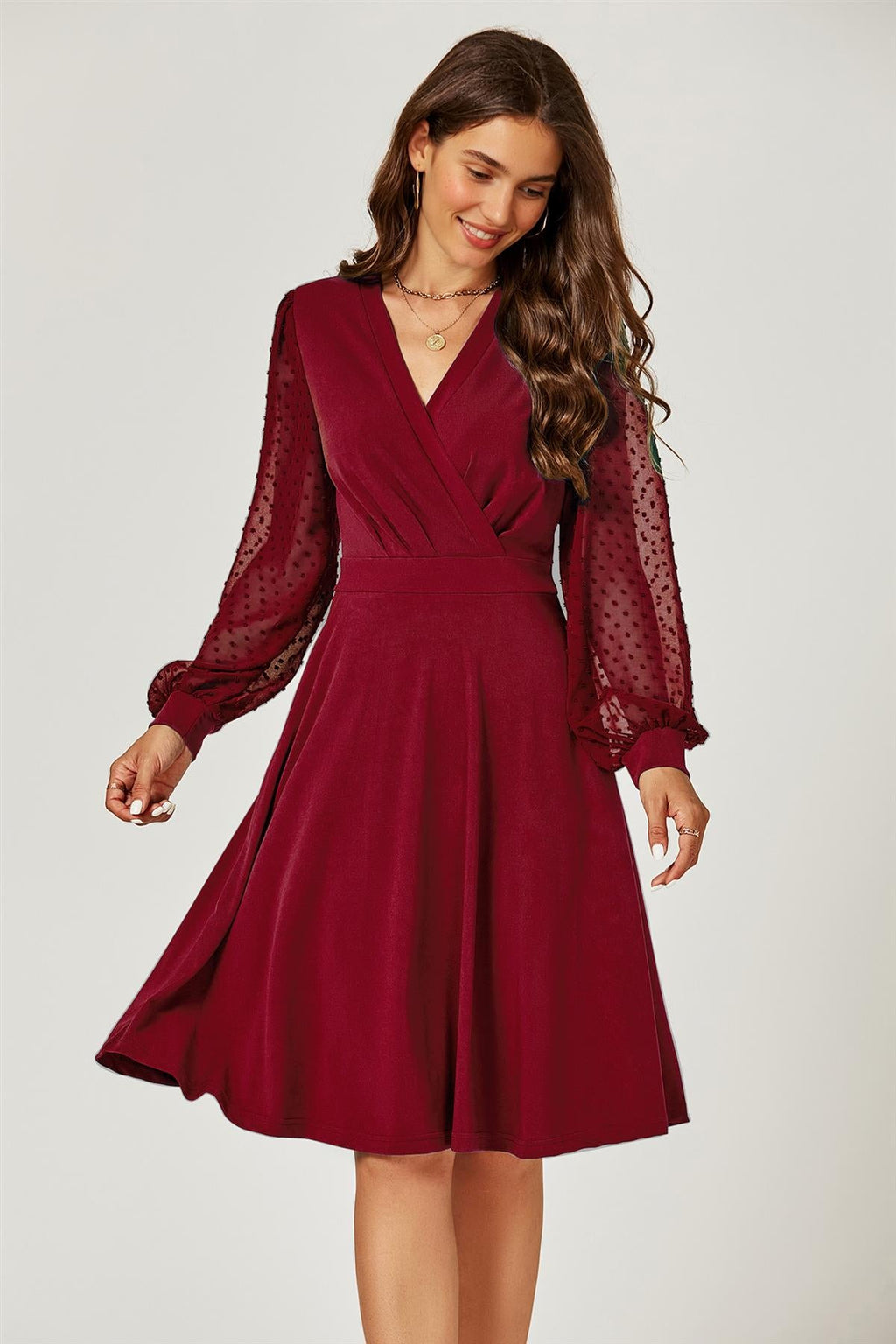 Long Sleeve Pleated Detail Midi Dress In Dark Red