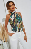 Leaf Print Halter Neck Tie Back Top In Green