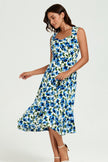 Robe midi bleu imprimé floral encolure cœur
