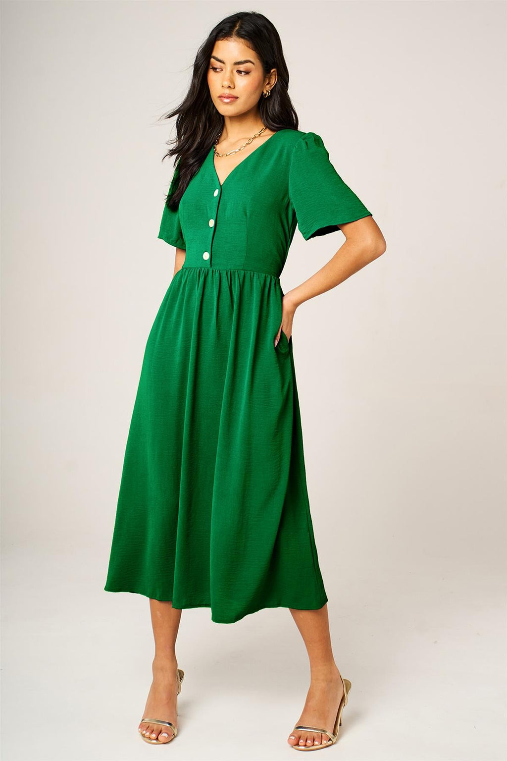 Button Front Midi Dress In Green