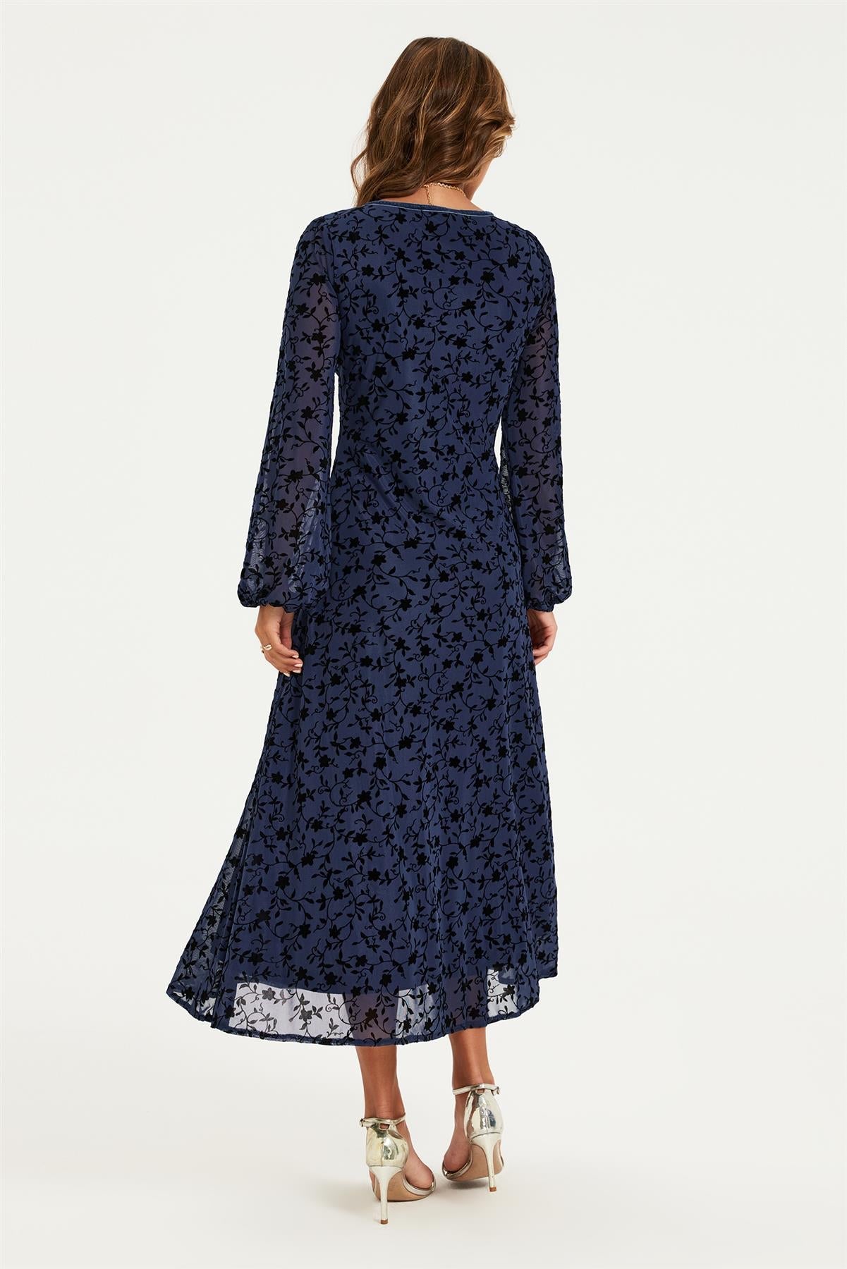 Floral Velvet Devore V Neckline Midi Dress In Navy