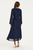 Floral Velvet Devore V Neckline Midi Dress In Navy