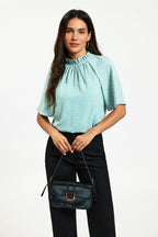 Dot Print Short Sleeve Frill High Neck Top In Blue