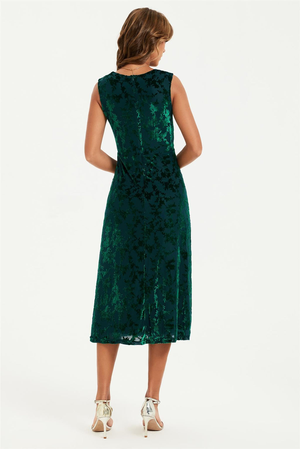 Floral Velvet Devore Sweetheart Neck Midi Dress In Green