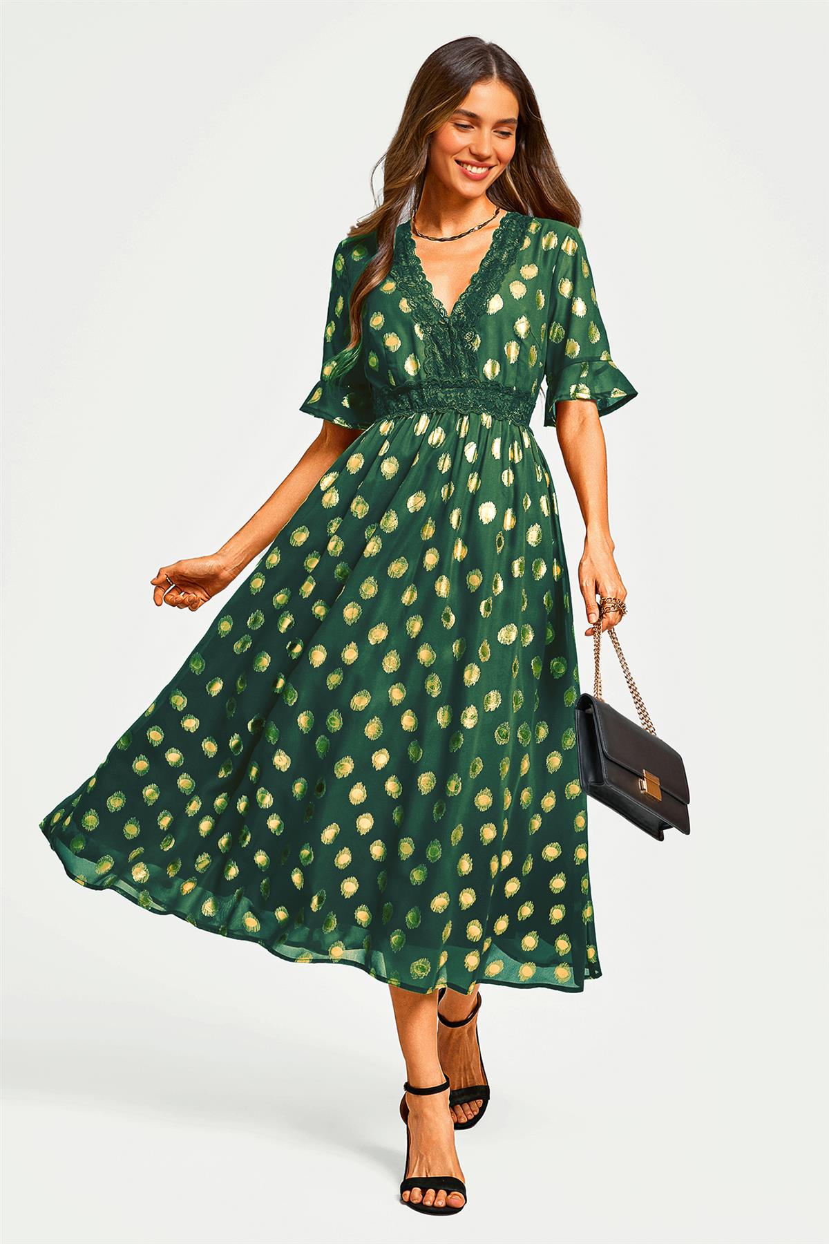 Gold Foil Long Sleeve Lace Trim V Neck Maxi Dress In Green