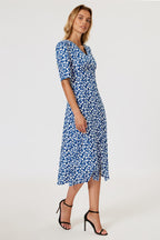 Floral Print Button Front Midi Dress In Blue