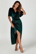 Gold Foil Velvet Wrap Maxi Dress In Green