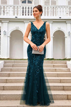Sequin Leaf Detailed V Neck Bridesmaid Maxi Dress In Teal