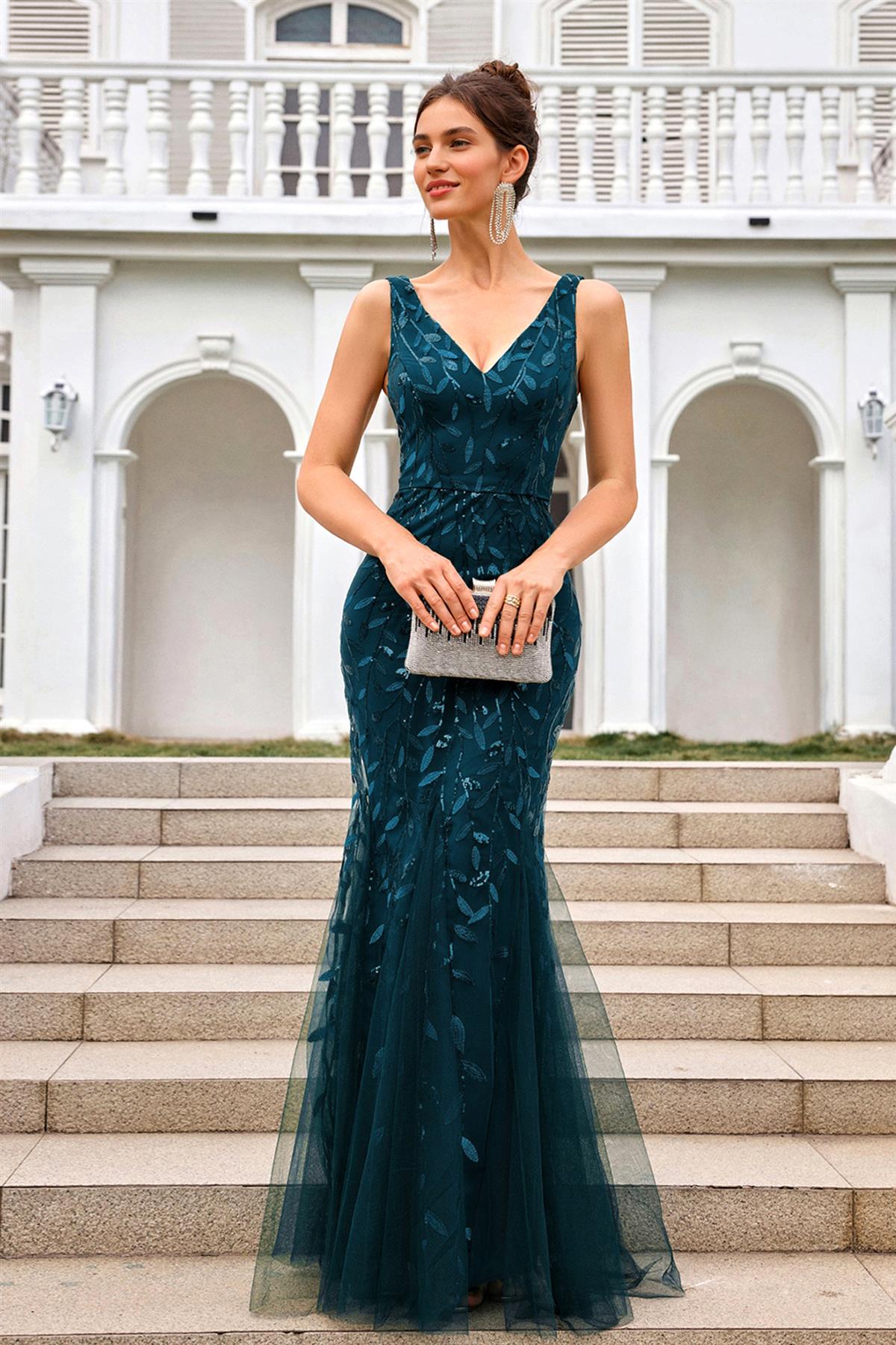 Sequin Leaf Detailed V Neck Bridesmaid Maxi Dress In Teal